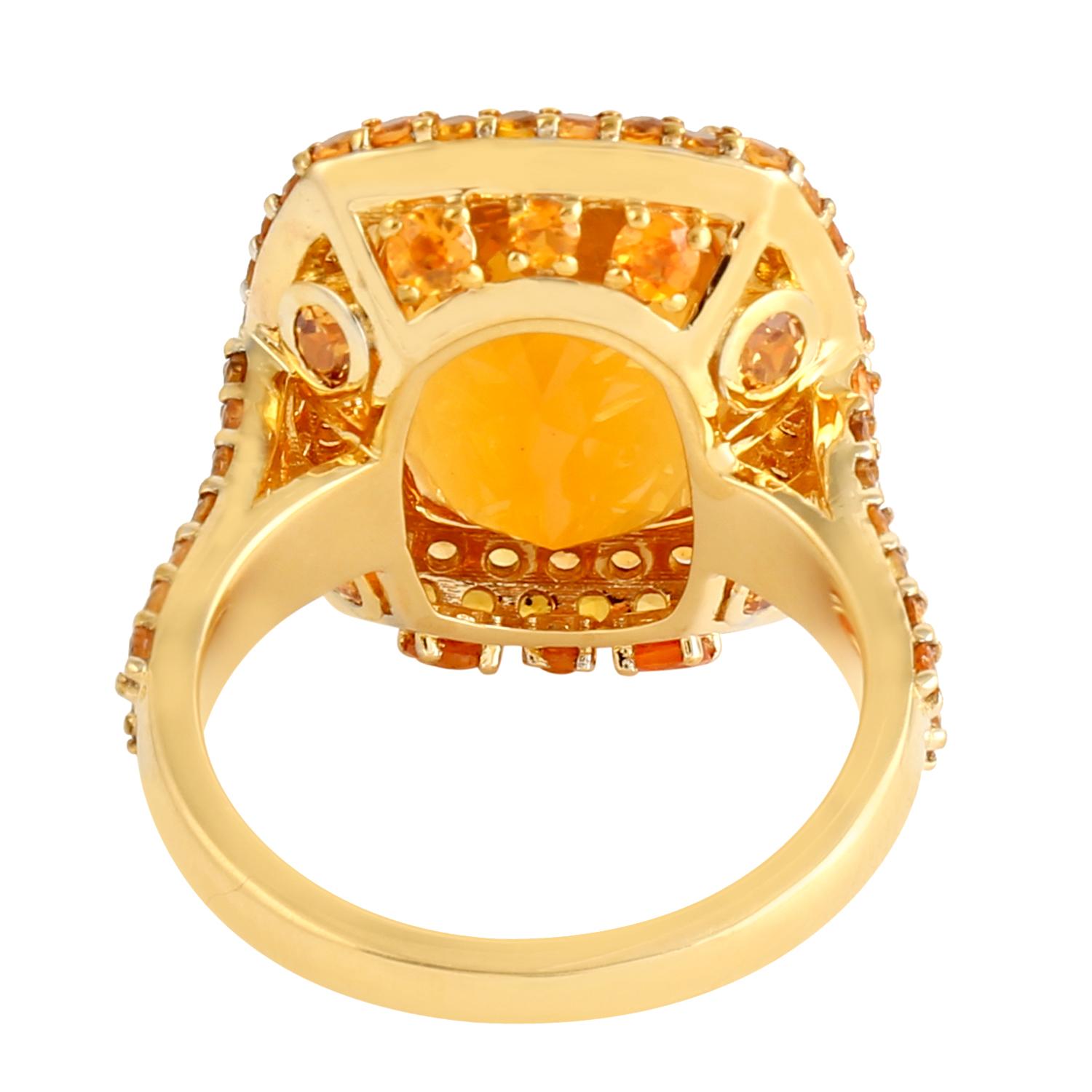 Art Deco Cushion Shaped Fire Opal Cocktail Ring w/ Garnet & Diamonds Made In 18k Gold For Sale