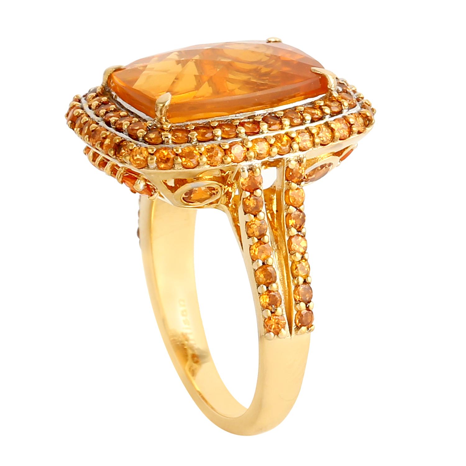 Mixed Cut Cushion Shaped Fire Opal Cocktail Ring w/ Garnet & Diamonds Made In 18k Gold For Sale