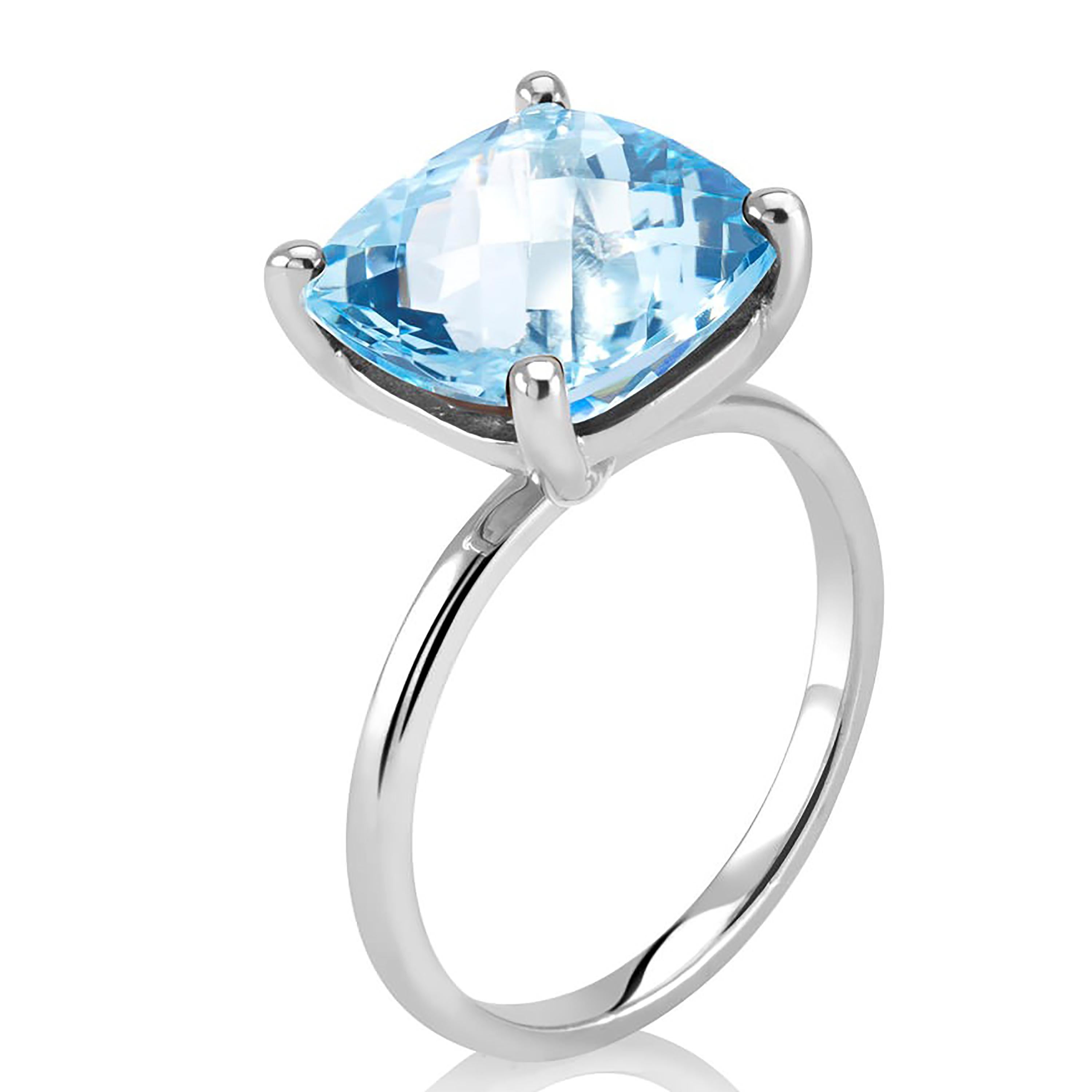 Sterling Silver Solitaire ring 
Cushion shaped blue topaz weighing 4 carat
Blue Topaz measuring 10 millimeter 
Ring finger size 6
New Ring
The ring cannot be resized
White gold plated 
Handmade in the USA
