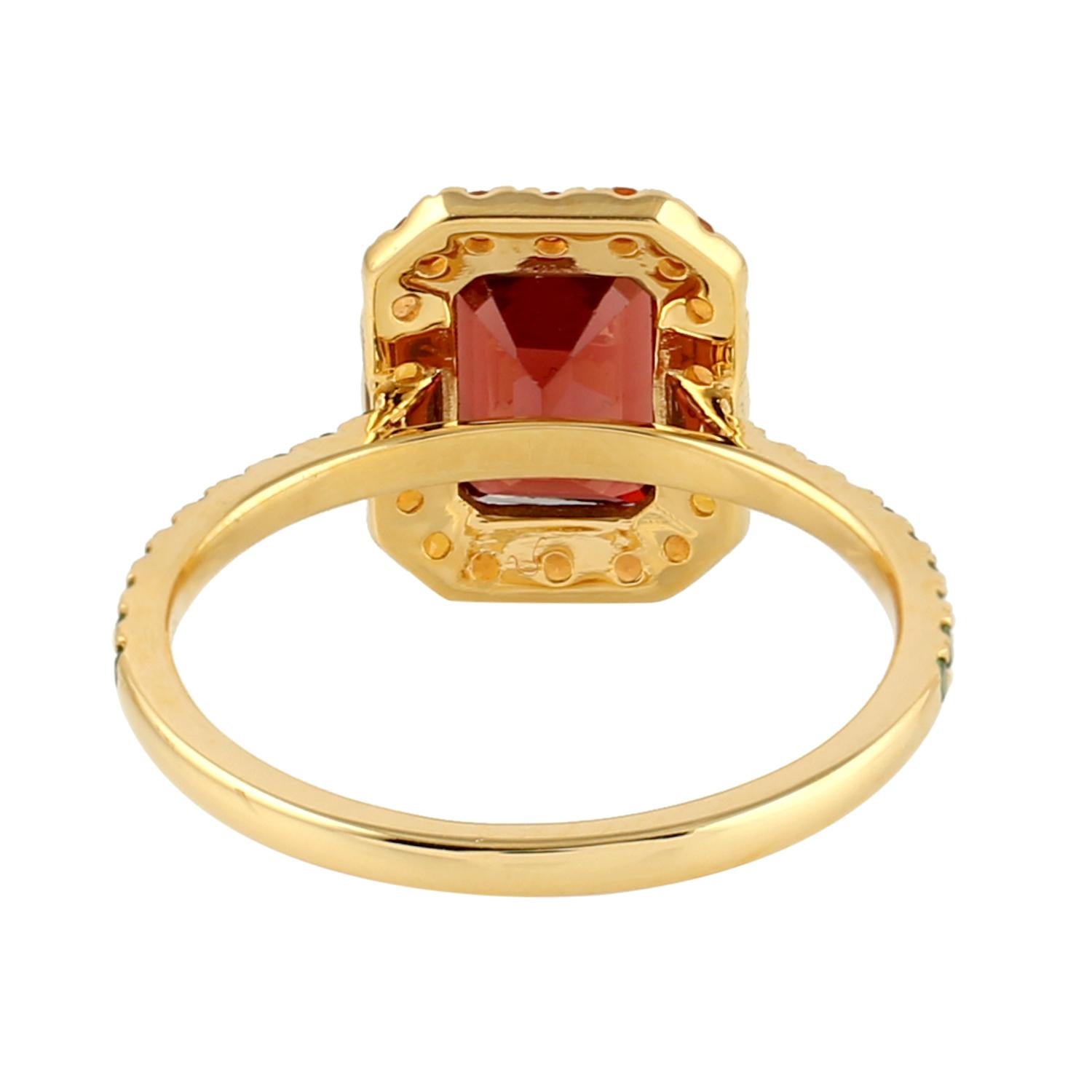 Artisan Cushion Shaped Garnet Cocktail Ring With Tsavorite Made In 18k Yellow Gold For Sale