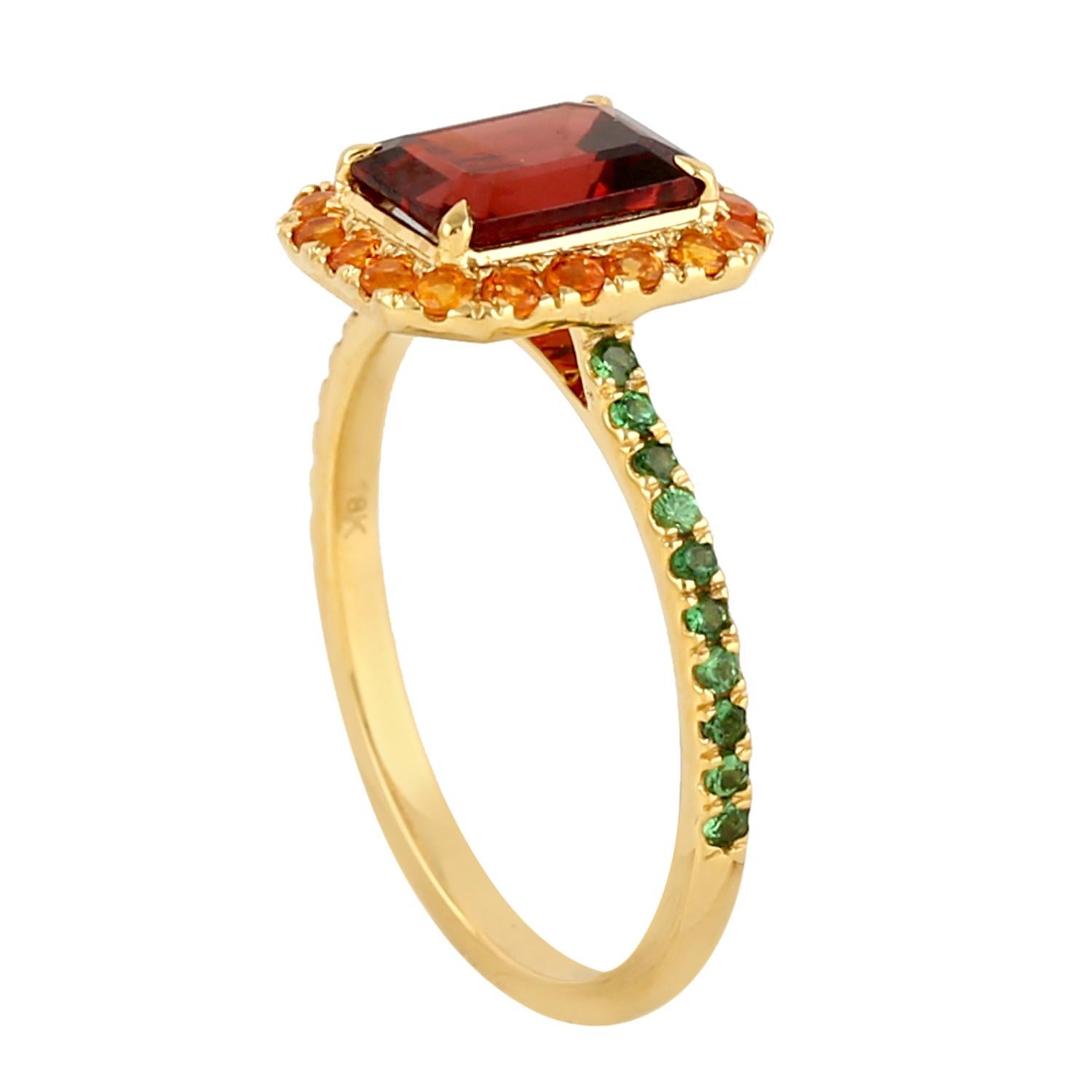 Mixed Cut Cushion Shaped Garnet Cocktail Ring With Tsavorite Made In 18k Yellow Gold For Sale