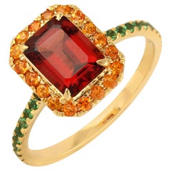 Cushion Shaped Garnet Cocktail Ring With Tsavorite Made In 18k Yellow Gold