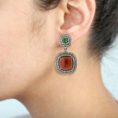 Cushion Shaped Garnet & Tsavorite Earring with Diamond Made in 18k Gold & Silver