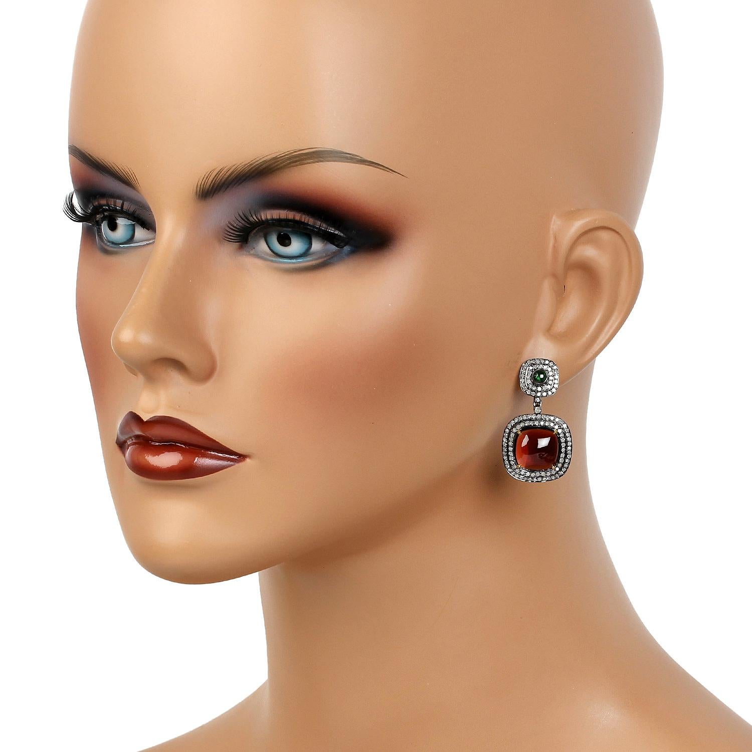 Contemporary Cushion Shaped Garnet & Tsavorite Earring with Diamond Made in 18k Gold & Silver For Sale