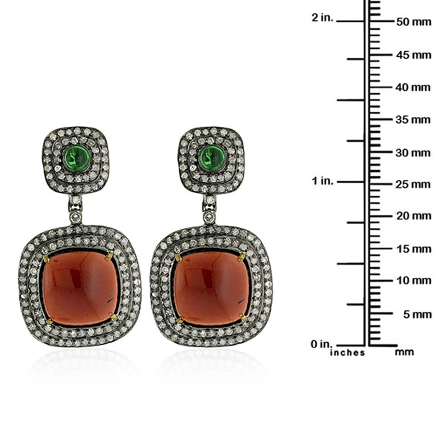 Mixed Cut Cushion Shaped Garnet & Tsavorite Earring with Diamond Made in 18k Gold & Silver For Sale