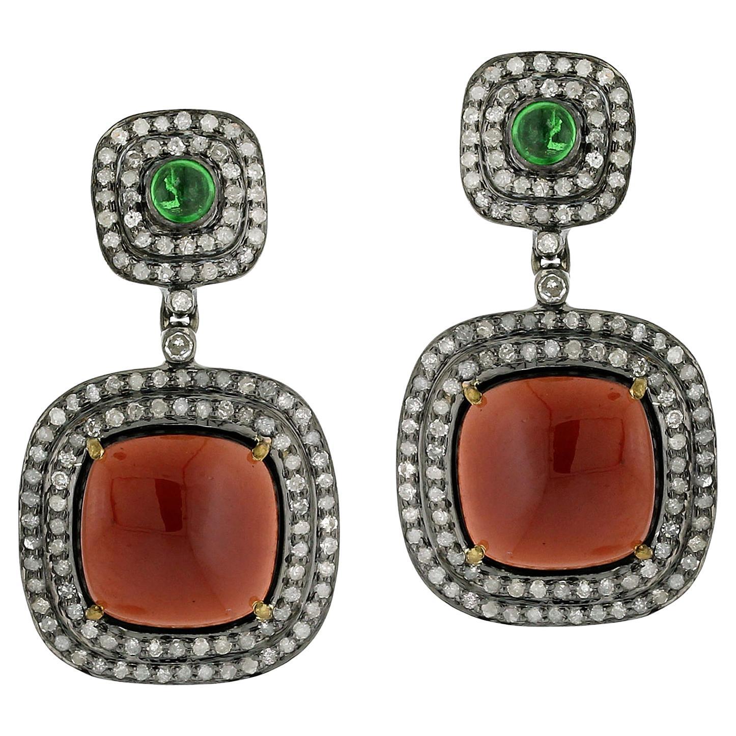 Cushion Shaped Garnet & Tsavorite Earring with Diamond Made in 18k Gold & Silver For Sale
