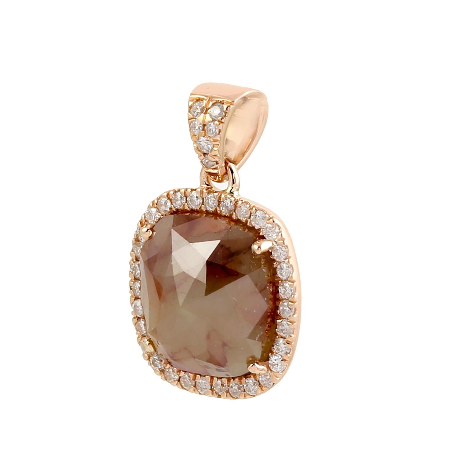 Taglio misto Ciondolo con diamante di ghiaccio a forma di cuscino realizzato in oro rosa 18 carati in vendita