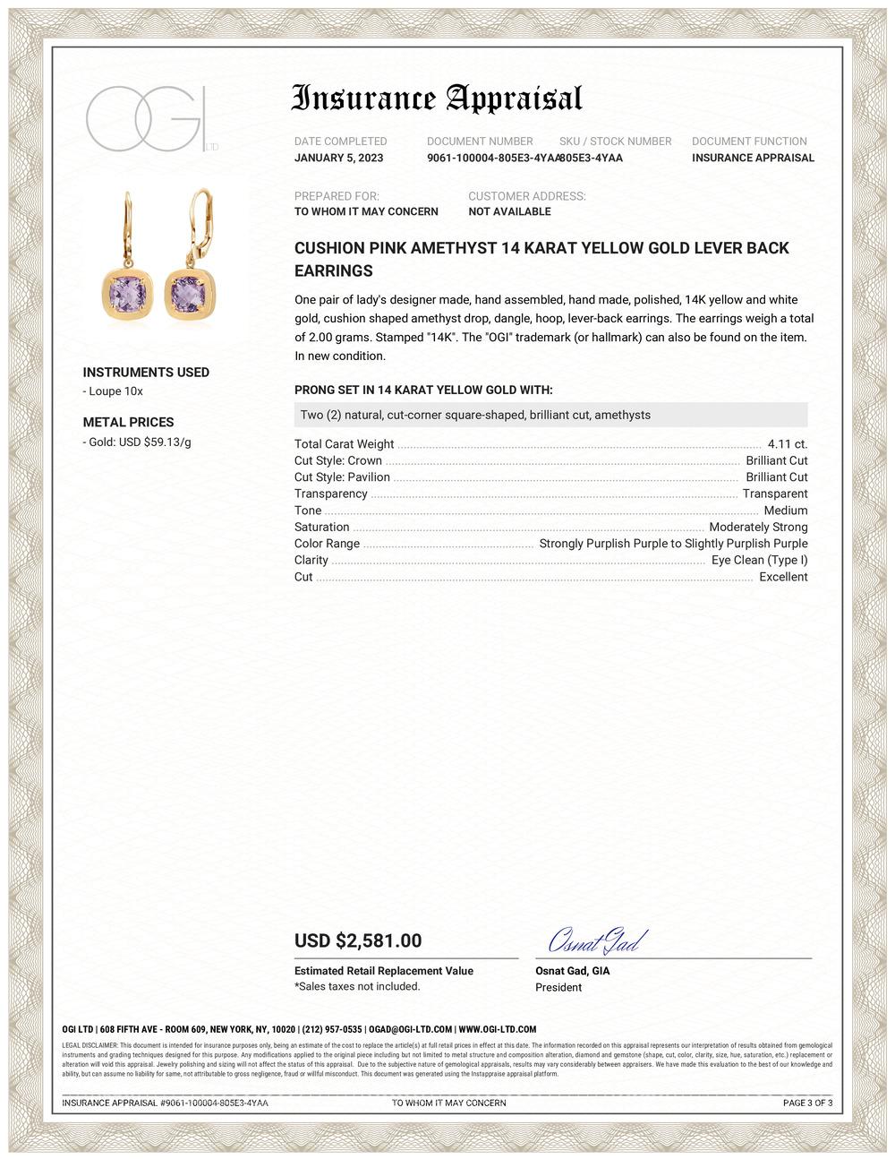 Introducing our exquisite Cushion Amethyst 4.11 Carat Bezel Set Earrings, crafted with the utmost precision and elegance. These stunning earrings are designed to captivate attention and add a touch of luxury to any ensemble.
The centerpiece of these