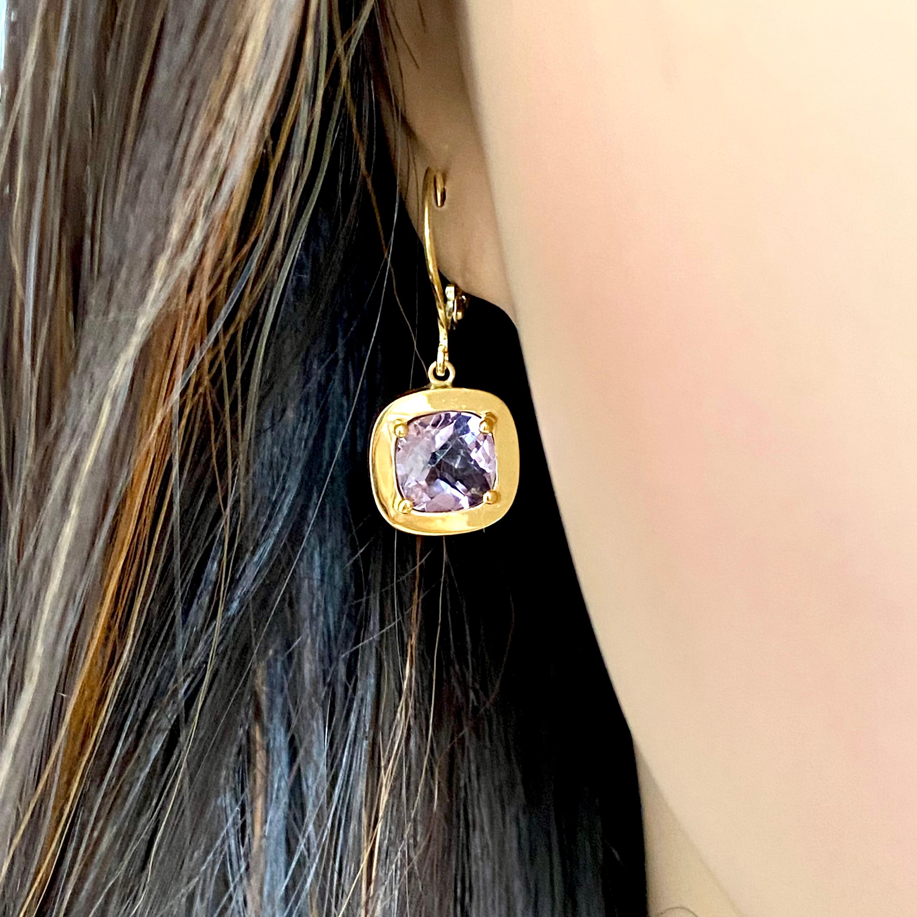 Cushion Amethyst 4.11 Carat Bezel Set Yellow Gold Lever Back 1.15 Inch Earrings In New Condition For Sale In New York, NY