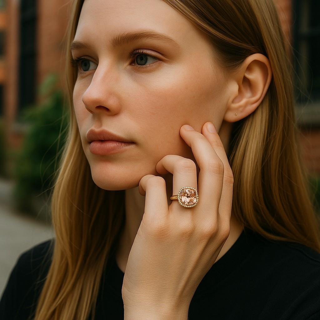 Introducing our exquisite 14 Karat Yellow Gold Halo Setting Cocktail Ring, adorned with a stunning Cushion-shaped Morganite centerpiece weighing a breathtaking 4.20 carats. This luxurious ring is designed to captivate and enchant, perfect for those