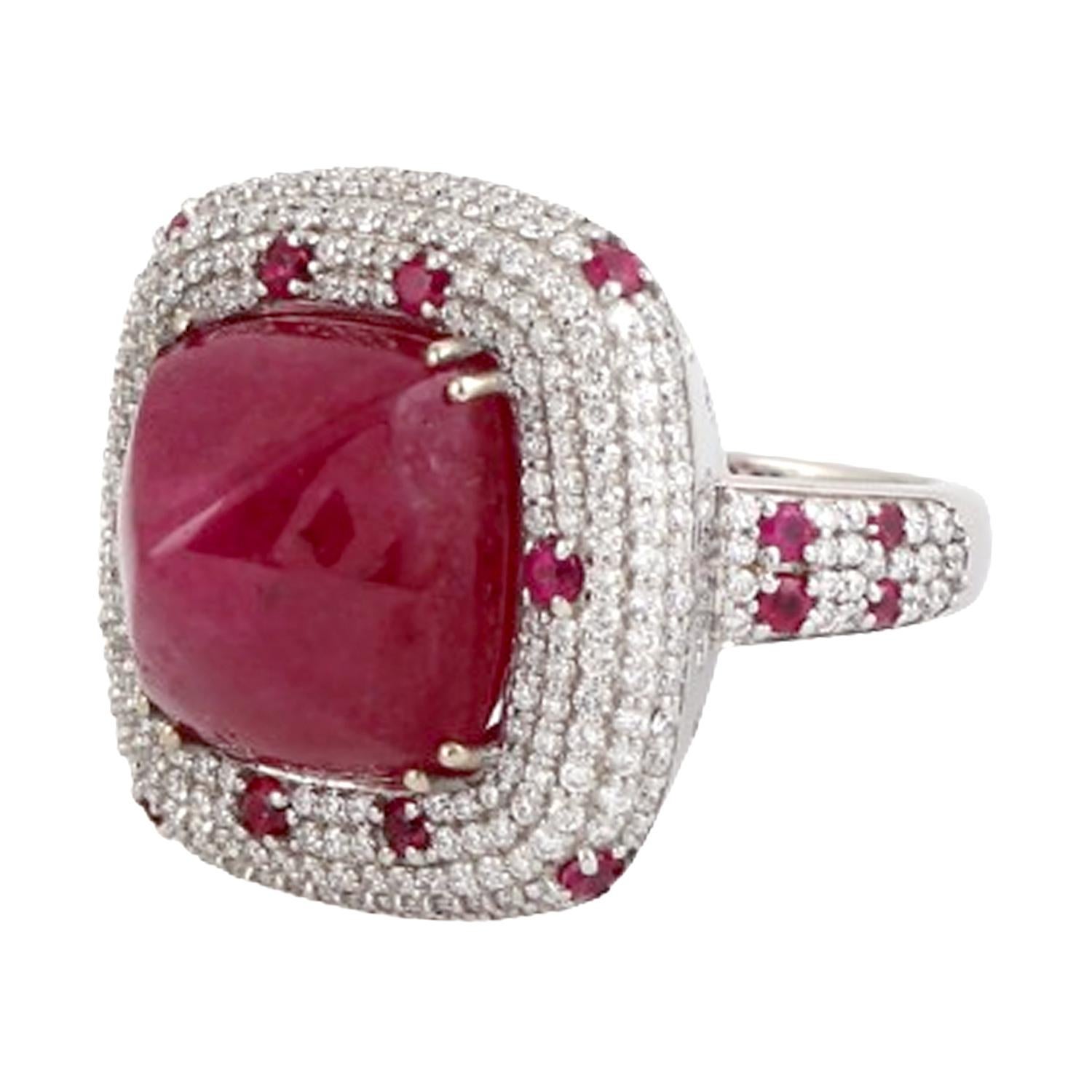Art Deco Sugarloaf Cab Cushion Shaped Mosambic Ruby Cocktail Ring With Diamonds For Sale