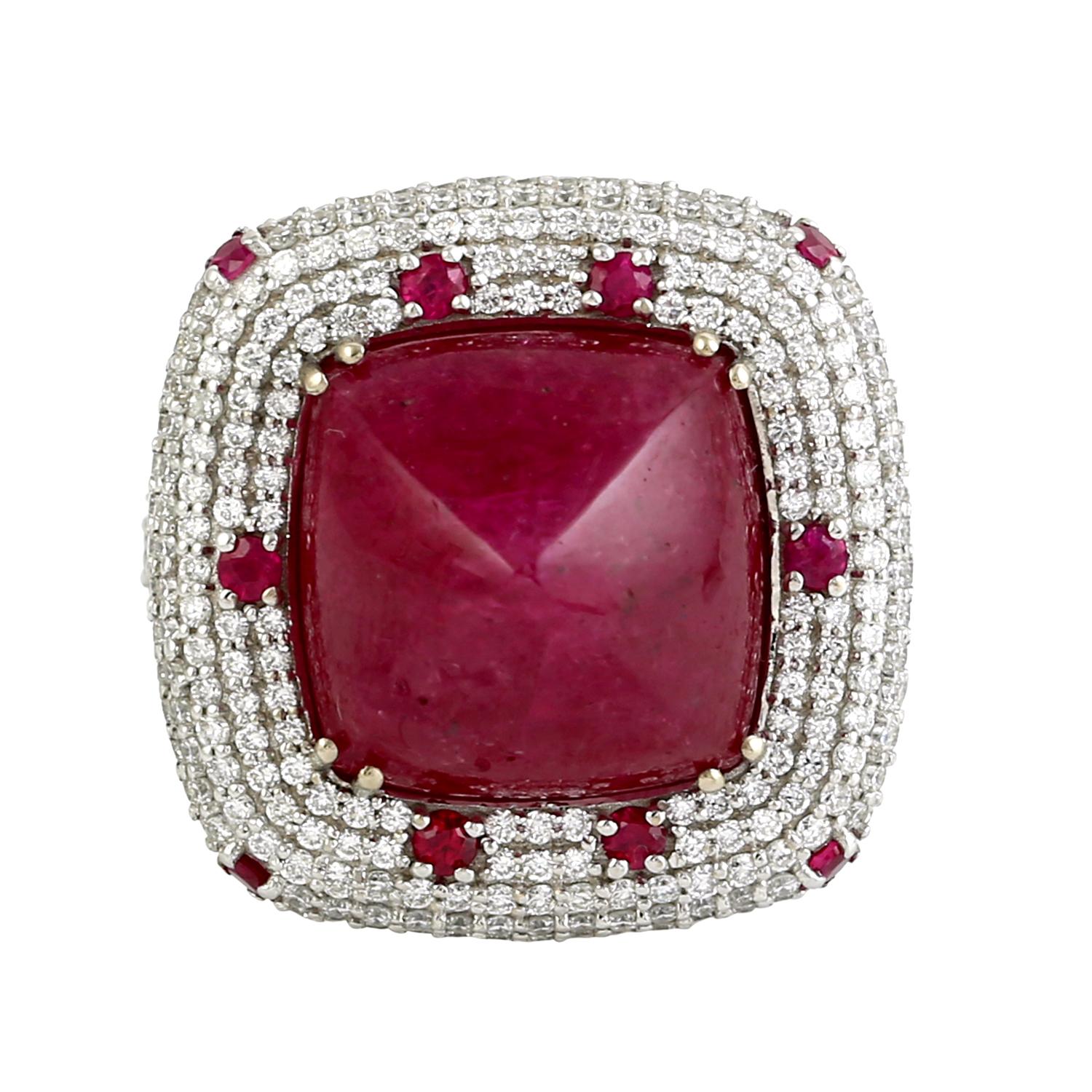 Sugarloaf Cab Cushion Shaped Mosambic Ruby Cocktail Ring With Diamonds In New Condition For Sale In New York, NY