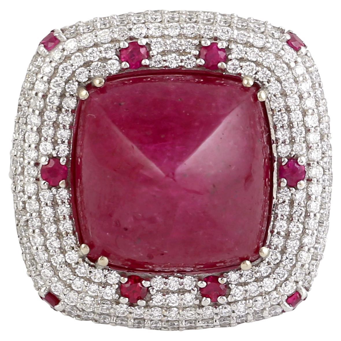 Sugarloaf Cab Cushion Shaped Mosambic Ruby Cocktail Ring With Diamonds