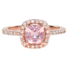 Cushion Shaped Peach Pink Morganite & Diamond Classic Halo 14K Rose Gold Ring