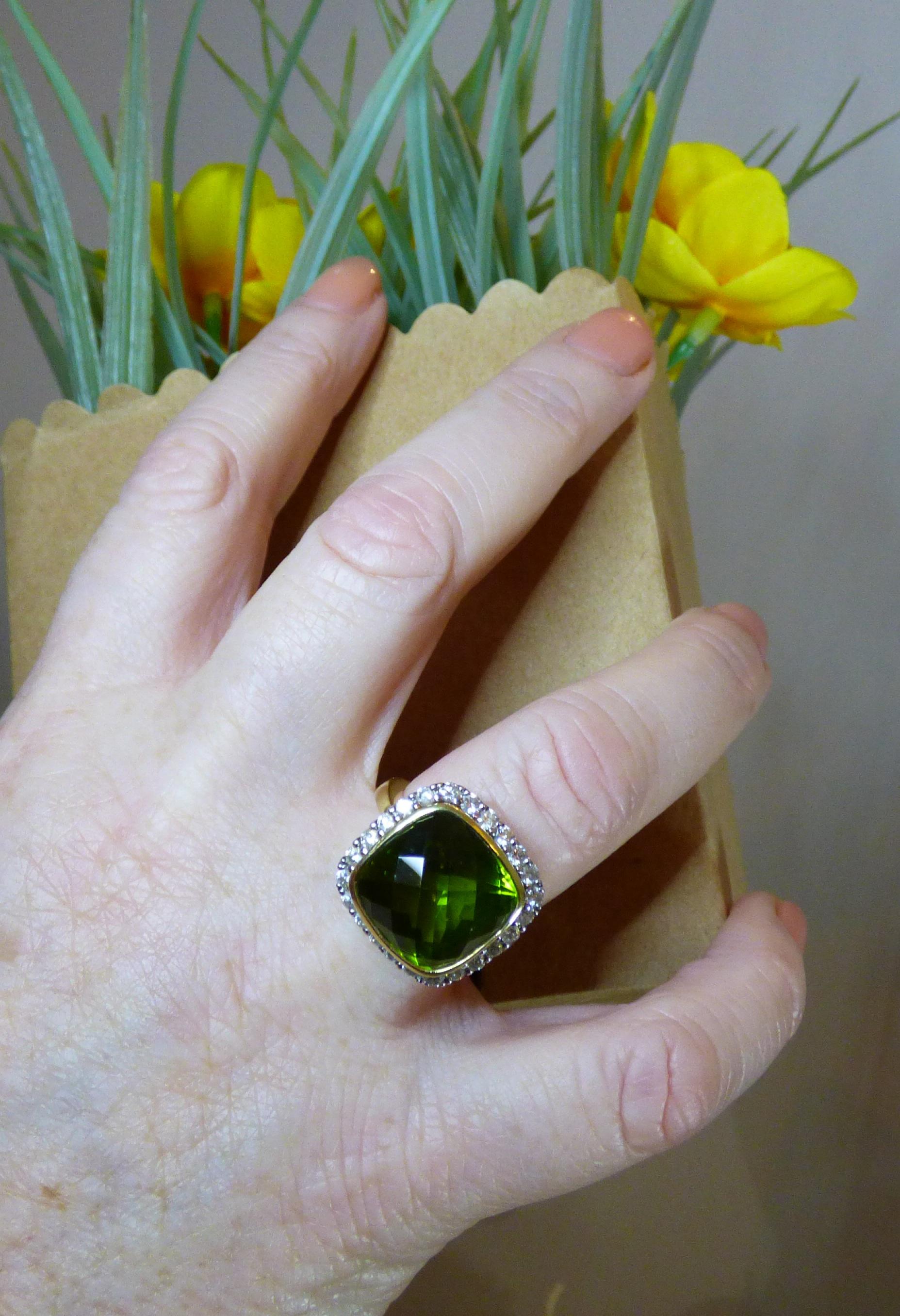 Cushion Cut Cushion Shaped Peridot '9.22ct.' and Diamond Cluster Ring in 18k Yellow Gold For Sale