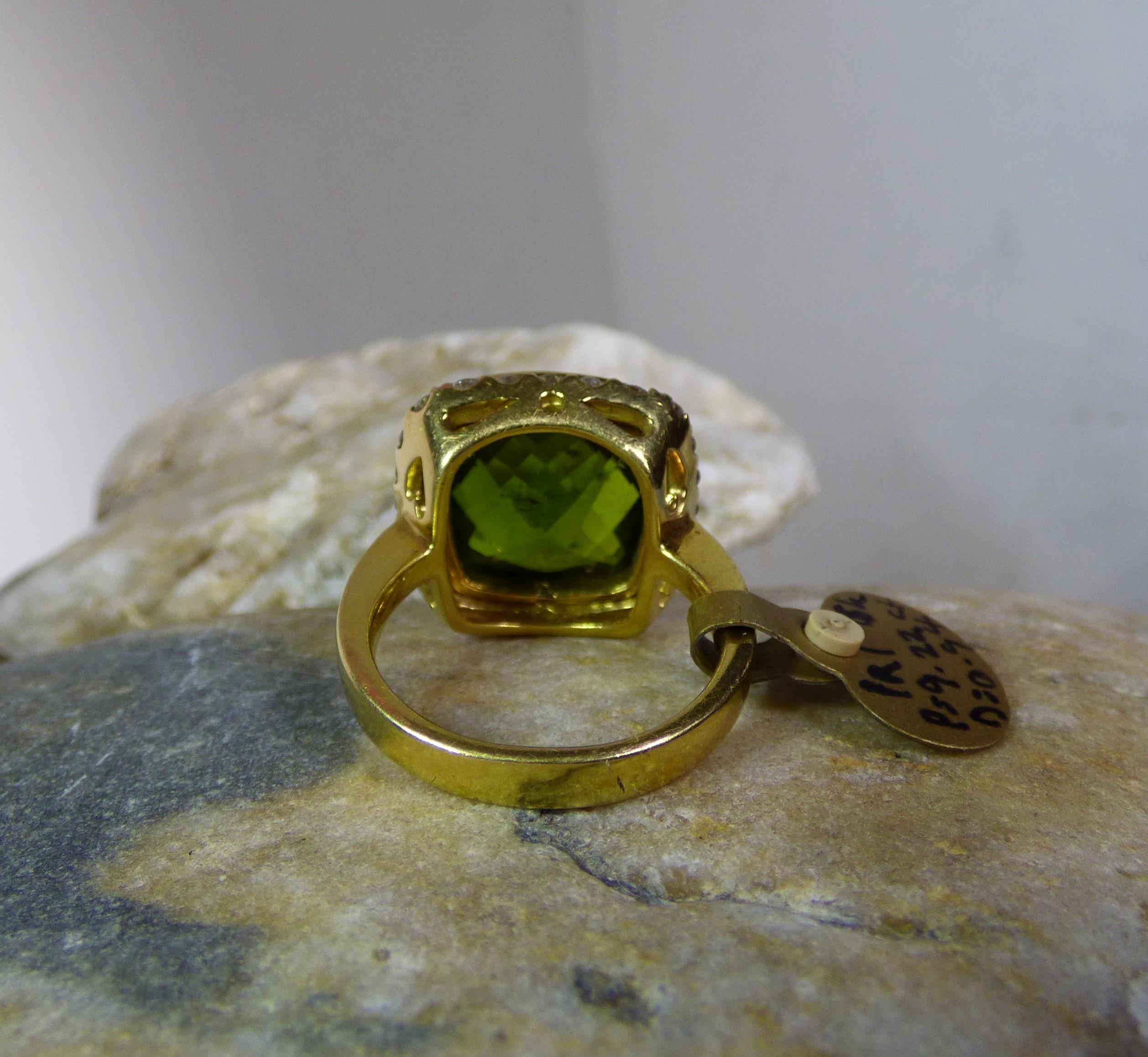 Women's Cushion Shaped Peridot '9.22ct.' and Diamond Cluster Ring in 18k Yellow Gold For Sale