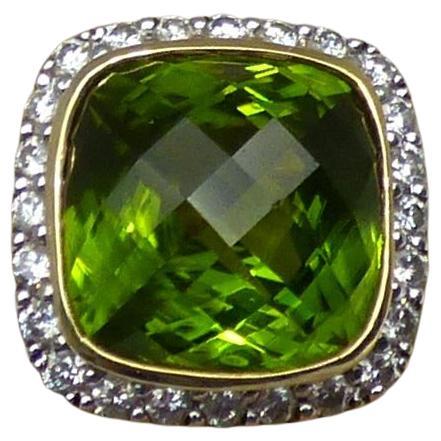 Cushion Shaped Peridot '9.22ct.' and Diamond Cluster Ring in 18k Yellow Gold For Sale