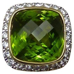 Cushion Shaped Peridot 
9.22ct.
 and Diamond Cluster Ring in 18k Yellow Gold