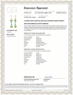Cushion Shaped Peridot and Pear Emeralds Gold Hoop Earrings Weighing 8.50 Carat