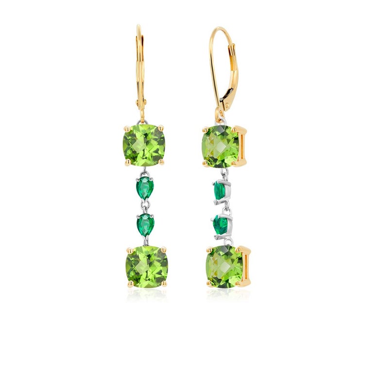 Cushion Shaped Peridot and Pear Emeralds Gold Hoop Earrings Weighing 8.50 Carat In New Condition For Sale In New York, NY