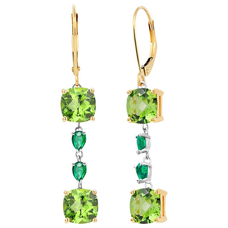 Cushion Shaped Peridot and Pear Emeralds Gold Hoop Earrings Weighing 8.50 Carat For Sale