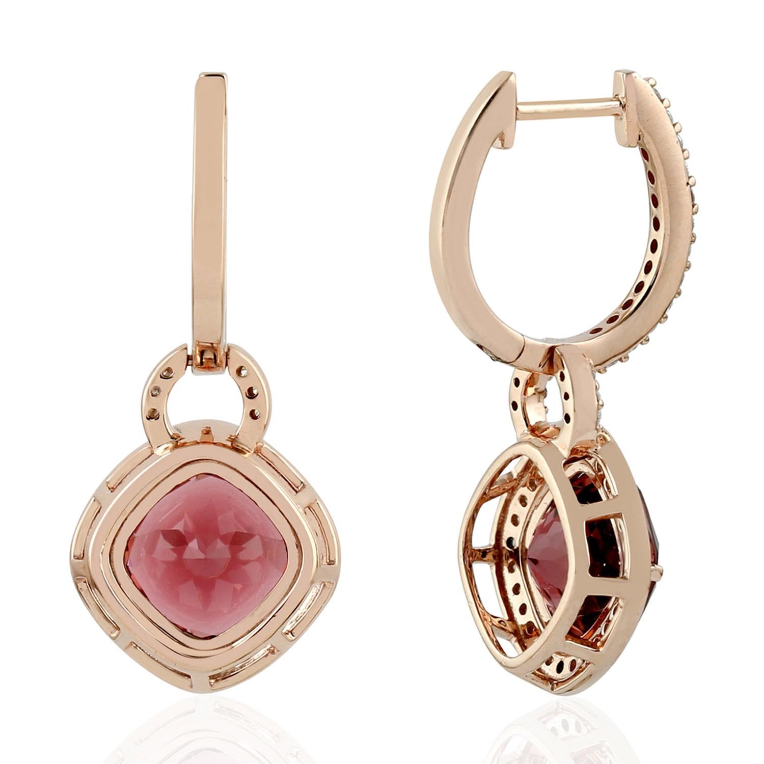 Art Deco Cushion Shaped Pink Tourmaline Dangle Earrings With Diamonds In 18k Rose Gold For Sale