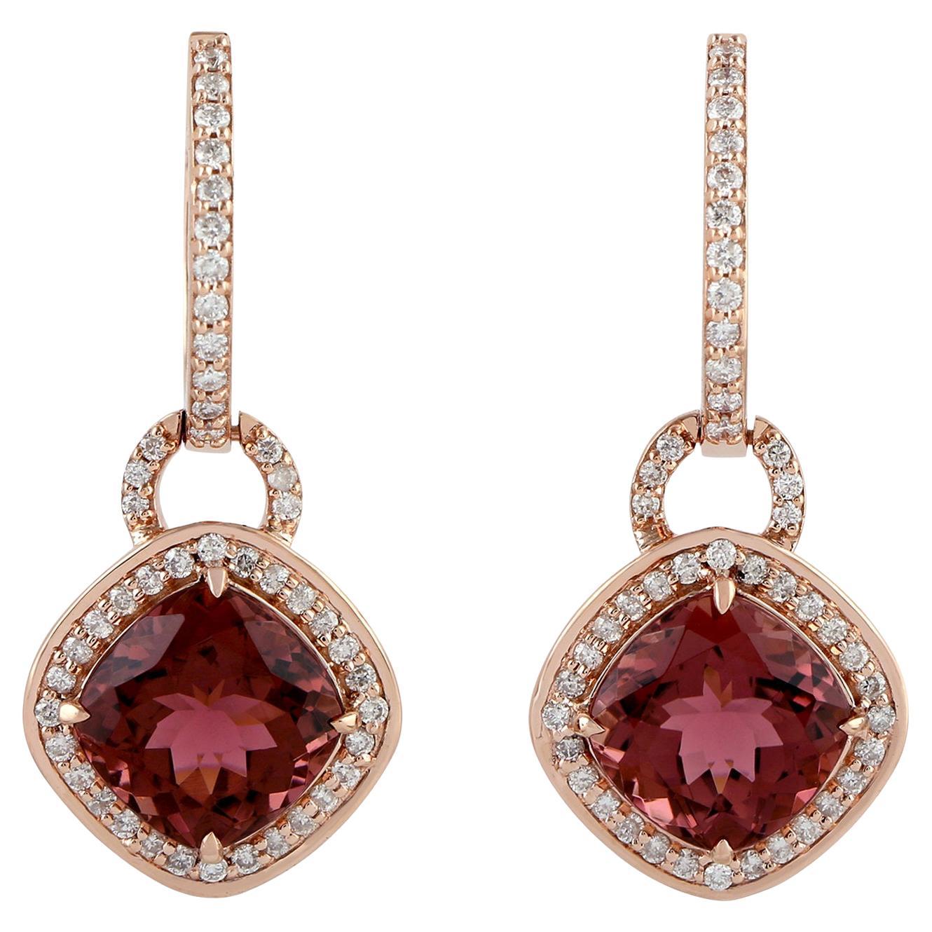 Cushion Shaped Pink Tourmaline Dangle Earrings With Diamonds In 18k Rose Gold For Sale