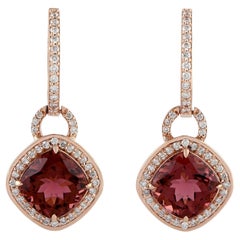 Pendants d'oreilles en or rose 18 carats avec tourmaline rose de forme coussin et diamants