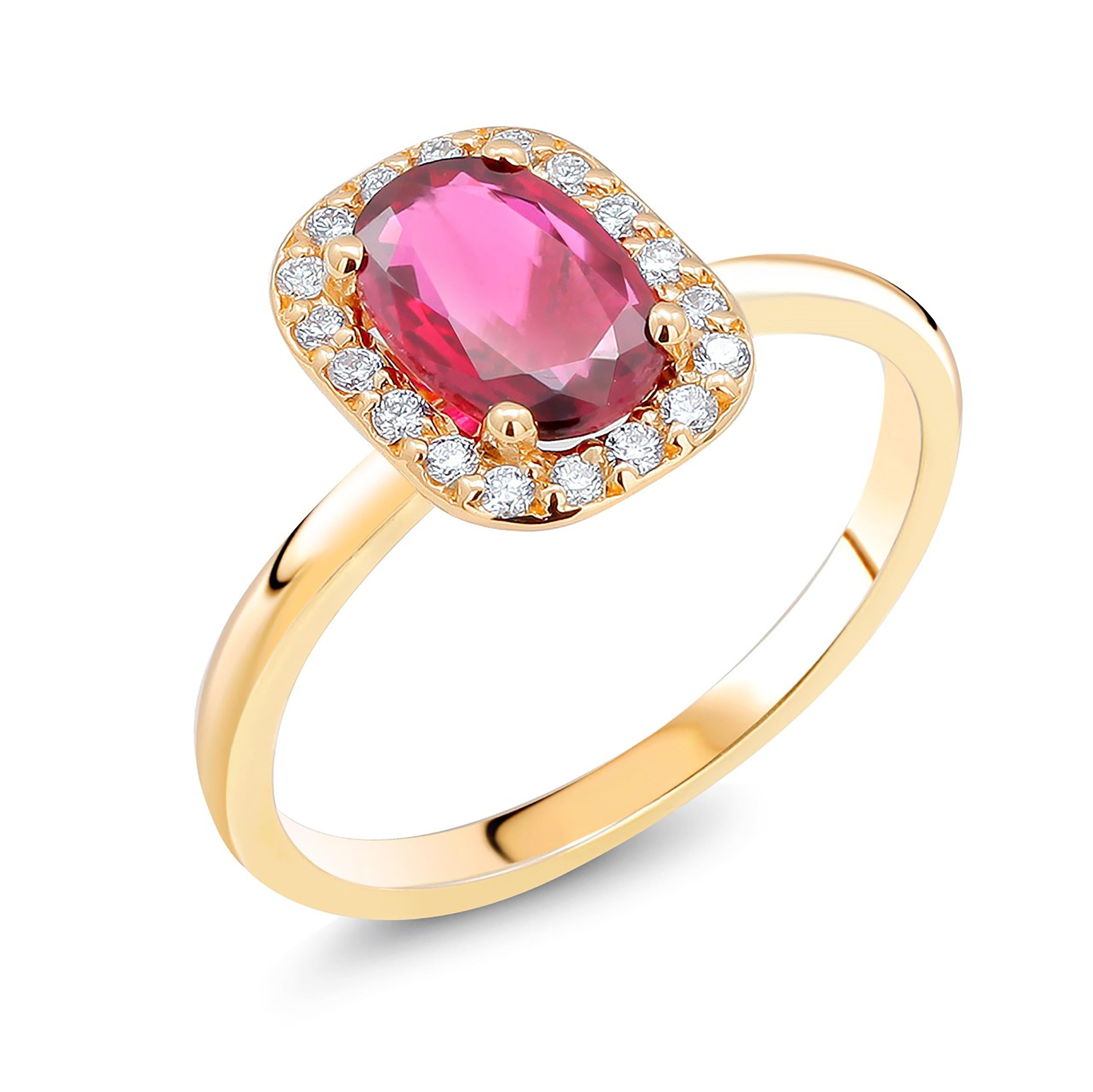 Women's Cushion Shaped Ruby and Diamonds Set in 18 Karat Yellow Gold Cocktail Ring
