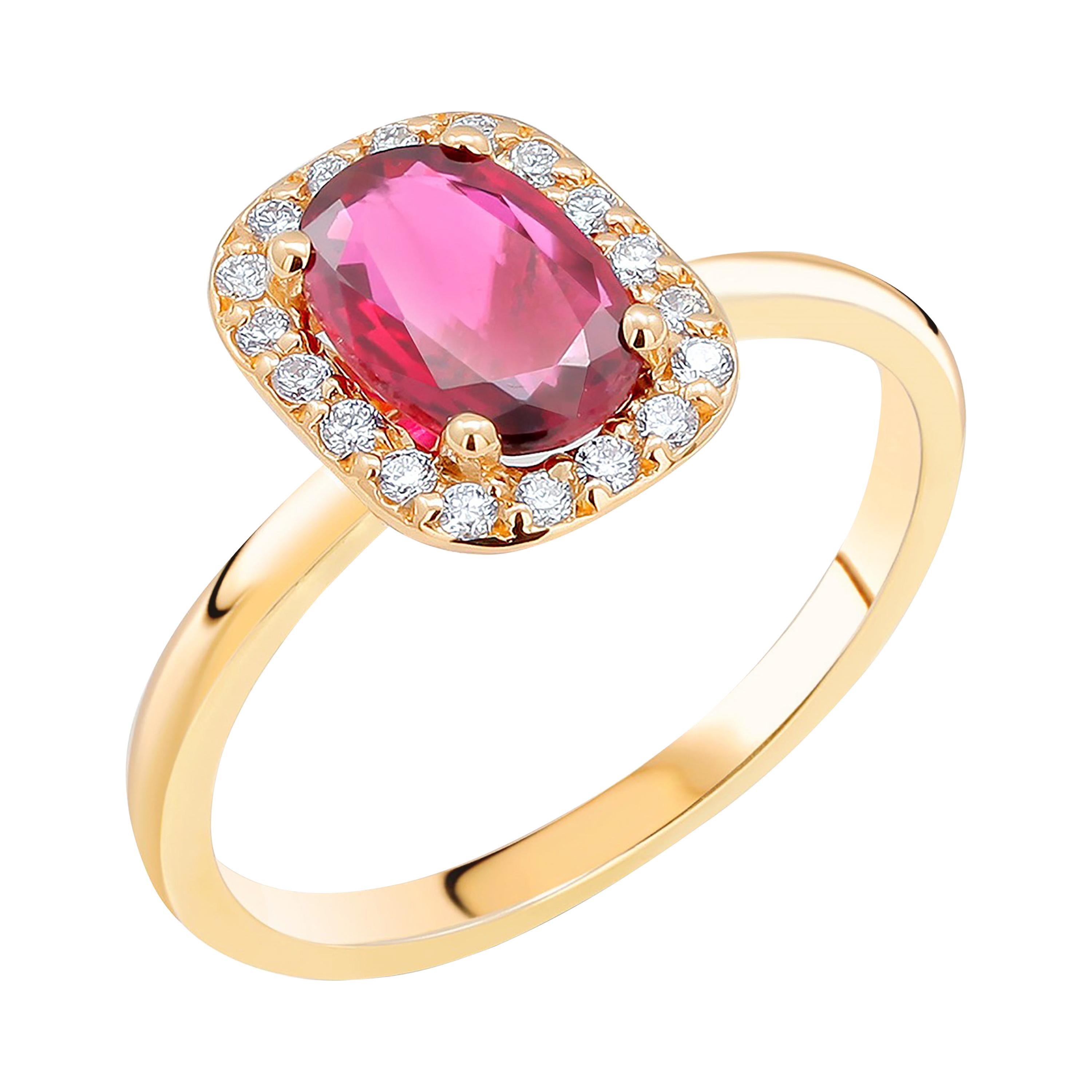 Cushion Shaped Ruby and Diamonds Set in 18 Karat Yellow Gold Cocktail Ring