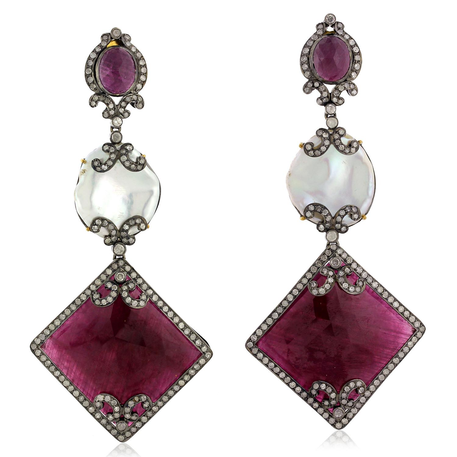 Cushion Shaped Ruby Earrings Connecting with Pearl & Surrounded by Pave Diamonds In New Condition For Sale In New York, NY