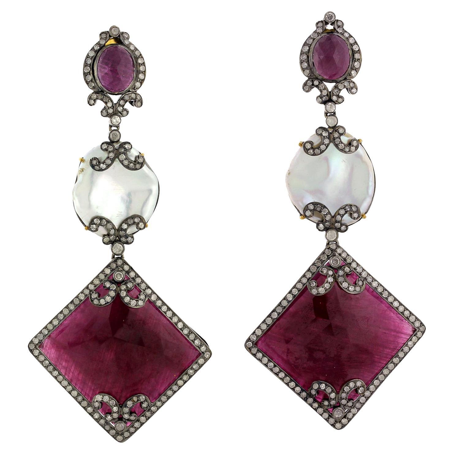 Cushion Shaped Ruby Earrings Connecting with Pearl & Surrounded by Pave Diamonds