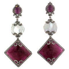 Cushion Shaped Ruby Earrings Connecting with Pearl & Surrounded by Pave Diamonds