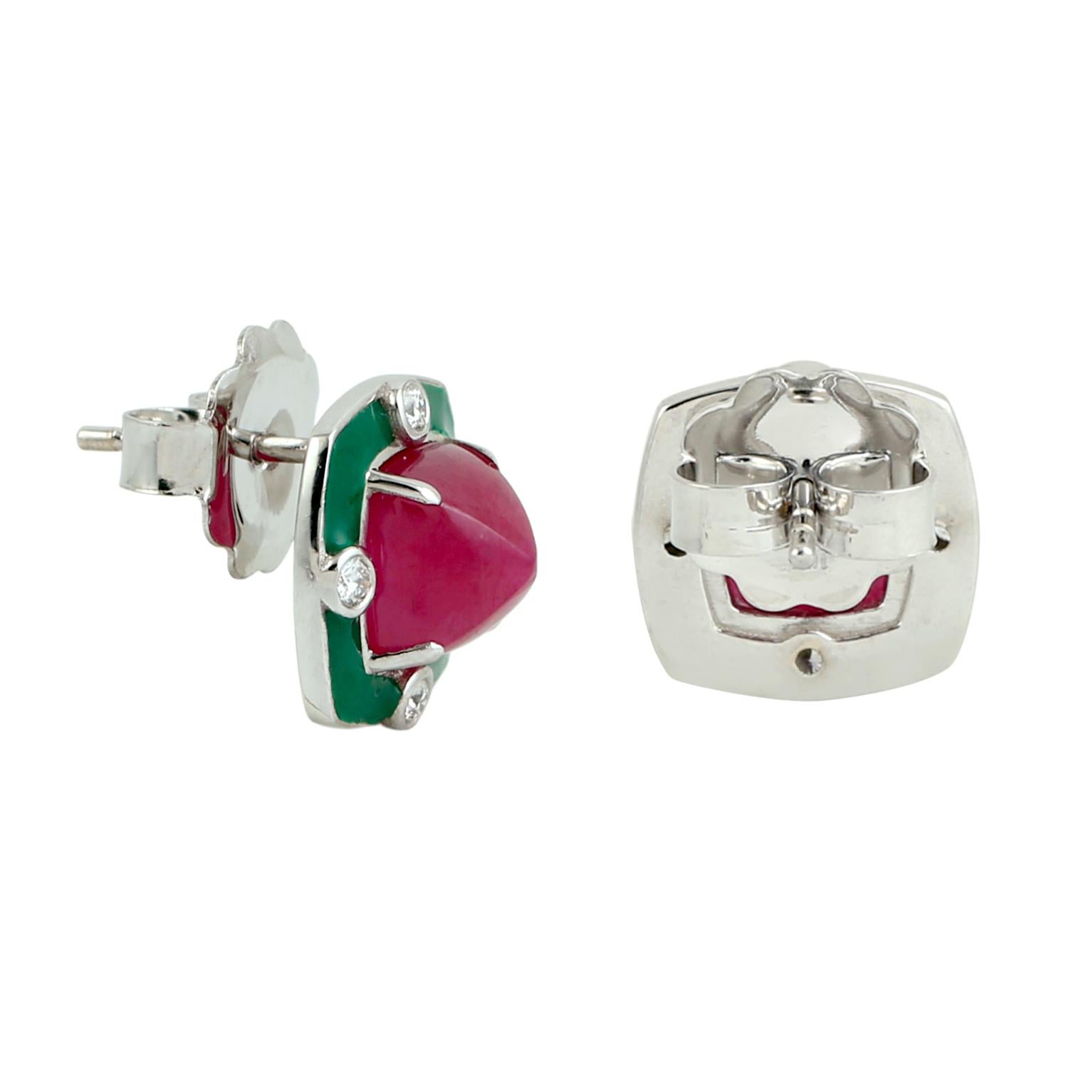 Art Deco Sugarloaf Mozambique Ruby Minimal Studs With Green Enamel & Diamonds In 18k Gold For Sale