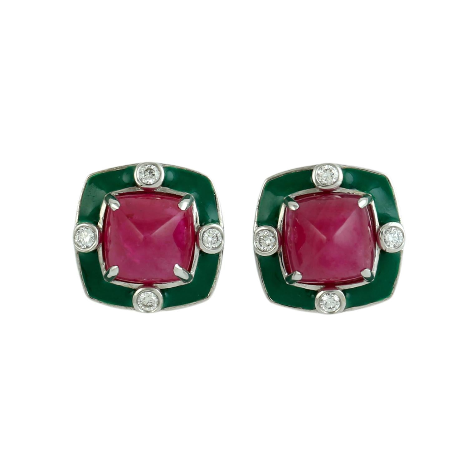 Mixed Cut Sugarloaf Mozambique Ruby Minimal Studs With Green Enamel & Diamonds In 18k Gold For Sale