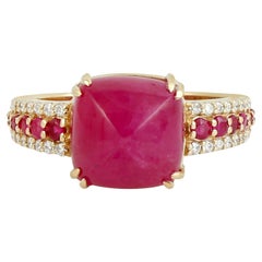 Sugarloaf Shaped Mozambique Ruby Ring With Diamonds Made In 18k Yellow Gold