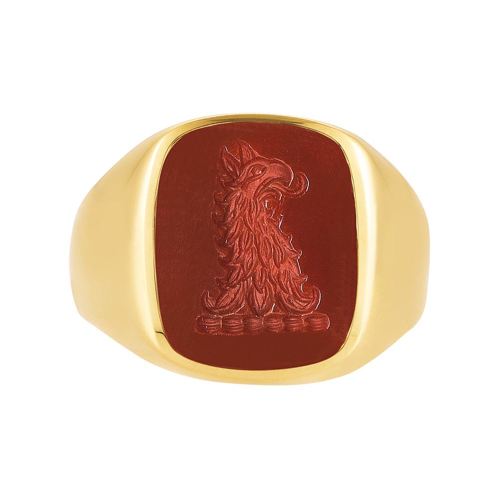 Signet Ring Cushion Shaped, 750/- YG, Carnelian, 16.0 x 13.0 mm with Heraldic Engraving

Reference: 51033/00/07/00/102 
Description: 750/- Yellow Gold 
Gemstones: Carnelian 
Shape: Cushion Shape 
Engraving: helmet crest
Size: 62.7
Measurements: app.