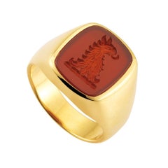 Cushion Shaped Signet Ring , 18k Yellow Gold, Carnelian 16x13 mm with Engraving