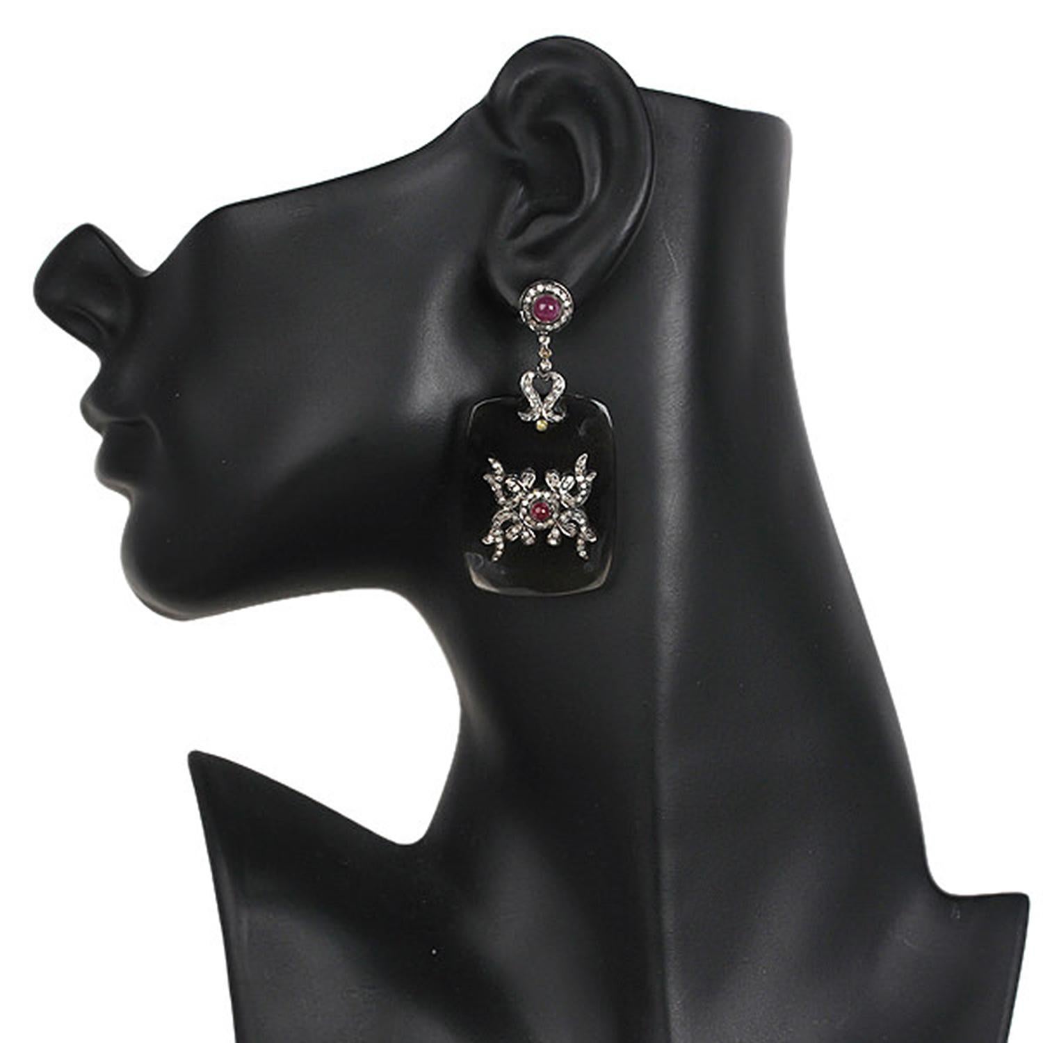 Artisan Cushion Shaped Smokey Quartz Earrings with Ruby & Diamonds in 18k Yellow Gold For Sale