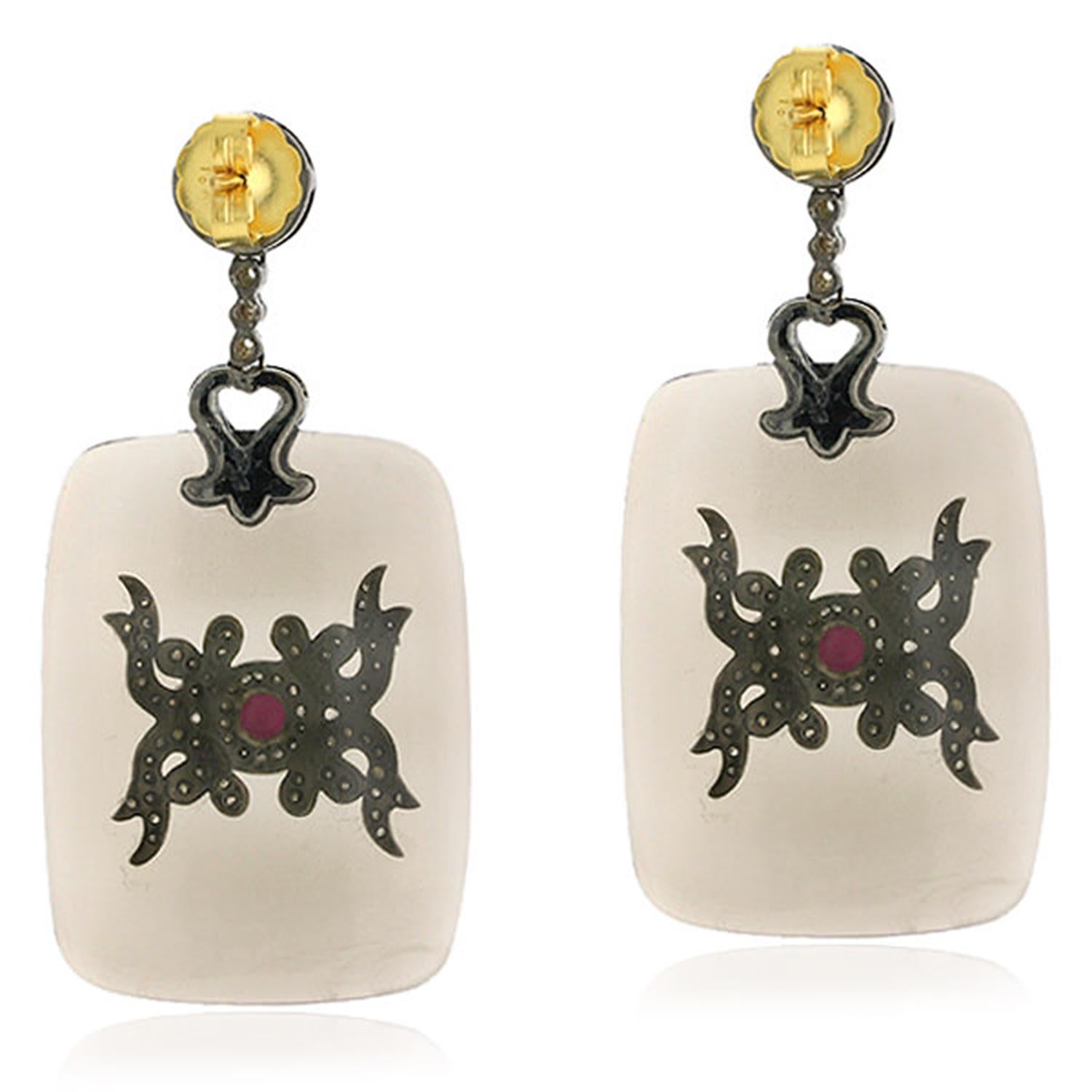 Cushion Shaped Smokey Quartz Earrings with Ruby & Diamonds in 18k Yellow Gold In New Condition For Sale In New York, NY