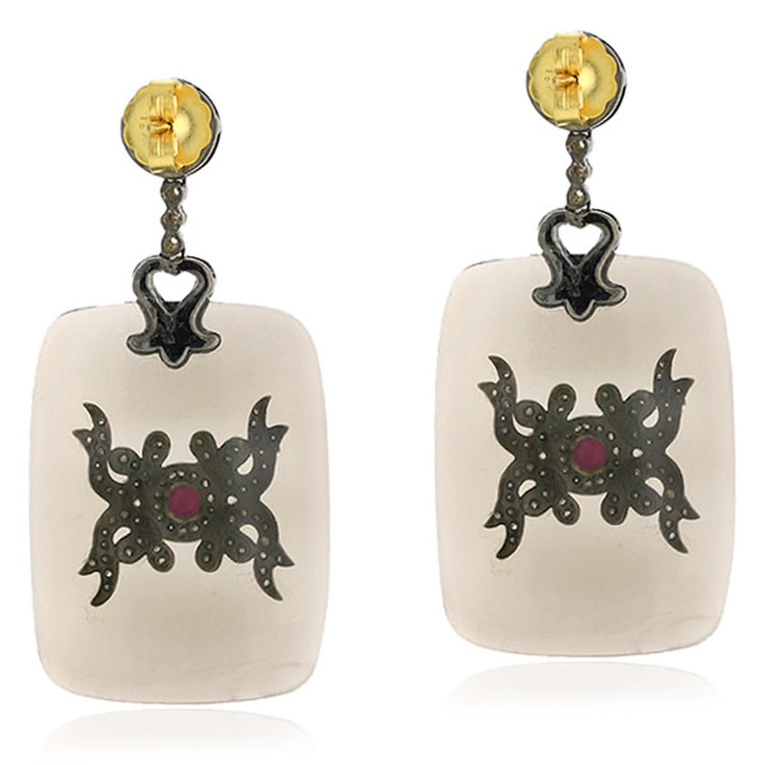 Mixed Cut Cushion Shaped Smokey Quartz Earrings with Ruby & Diamonds in 18k Yellow Gold For Sale