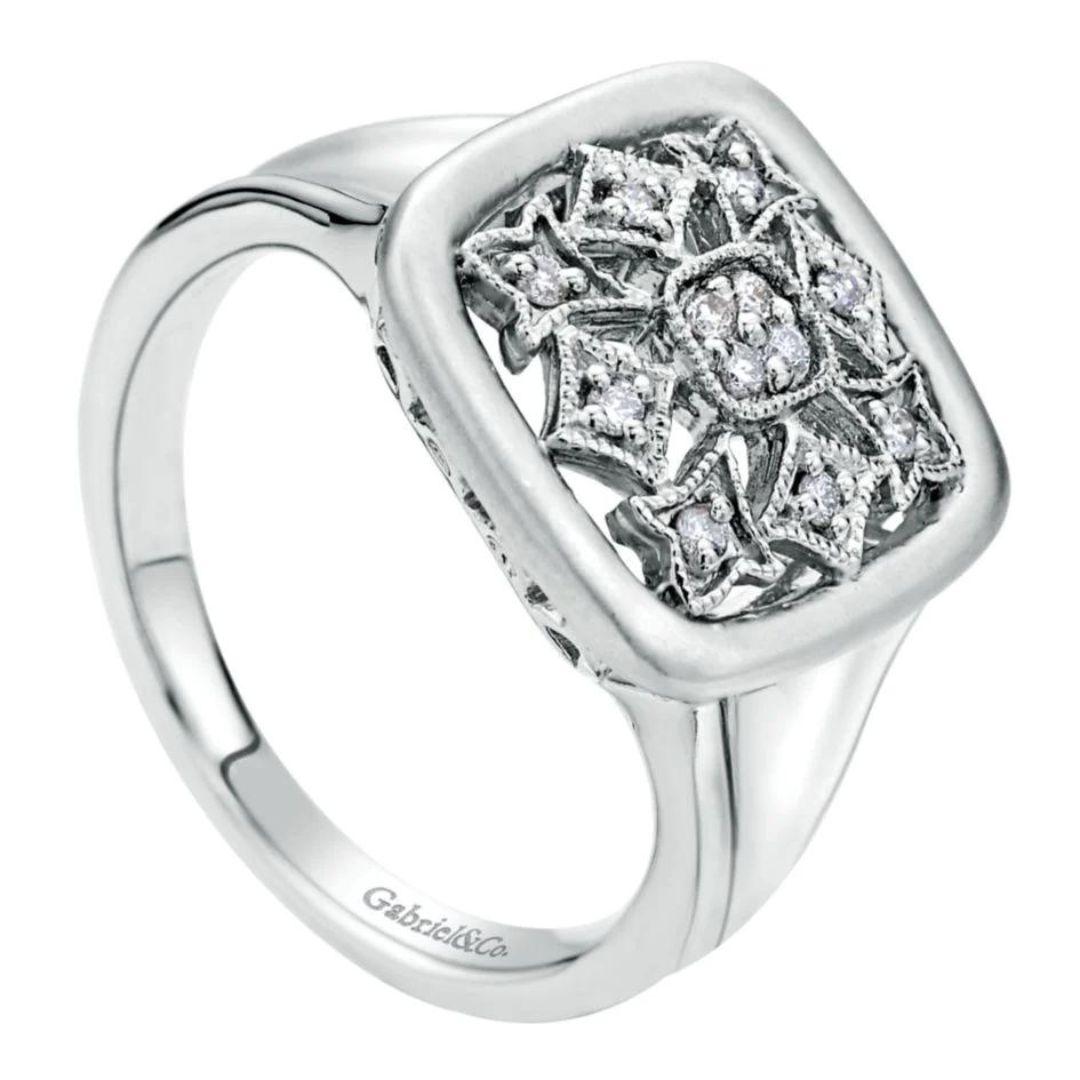 Cushion Cut Cushion Shaped Sterling Silver and Diamonds Fashion Ring For Sale