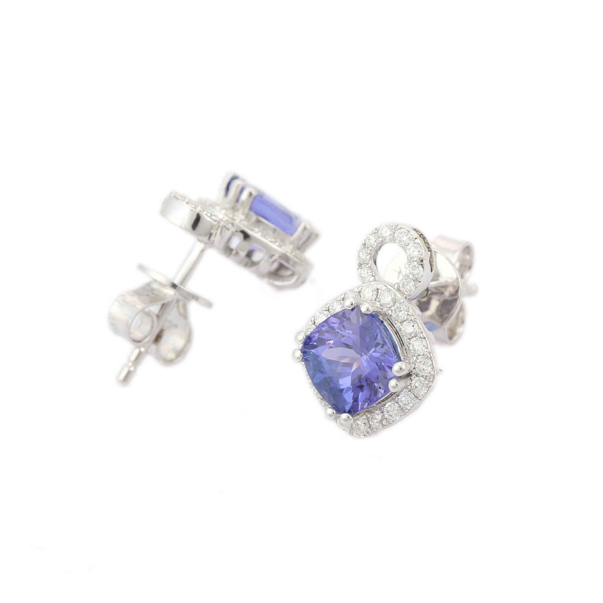Contemporary Cushion Shaped Tanzanite Stud Earrings with Diamonds in 18K White Gold For Sale