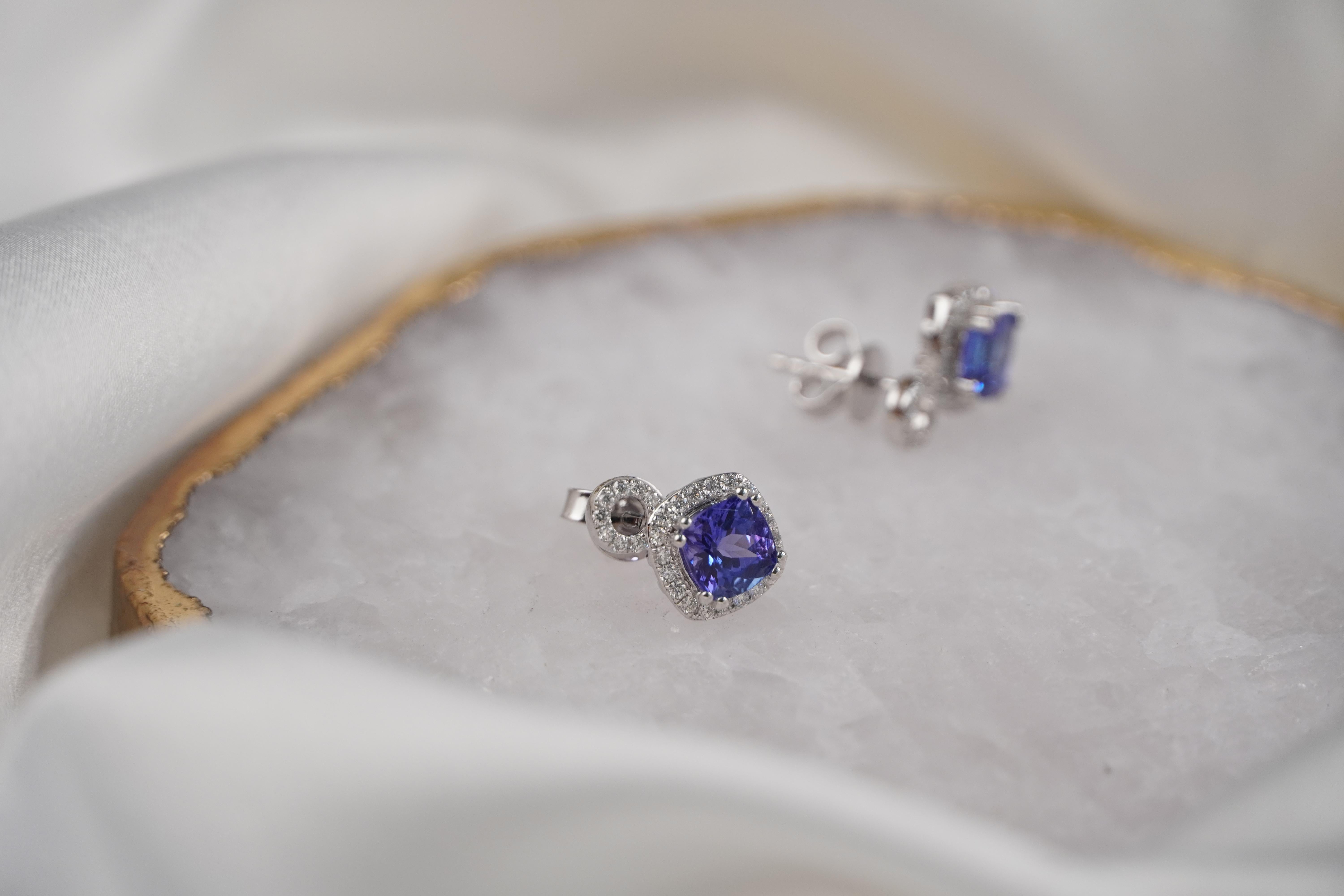 Cushion Cut Cushion Shaped Tanzanite Stud Earrings with Diamonds in 18K White Gold For Sale