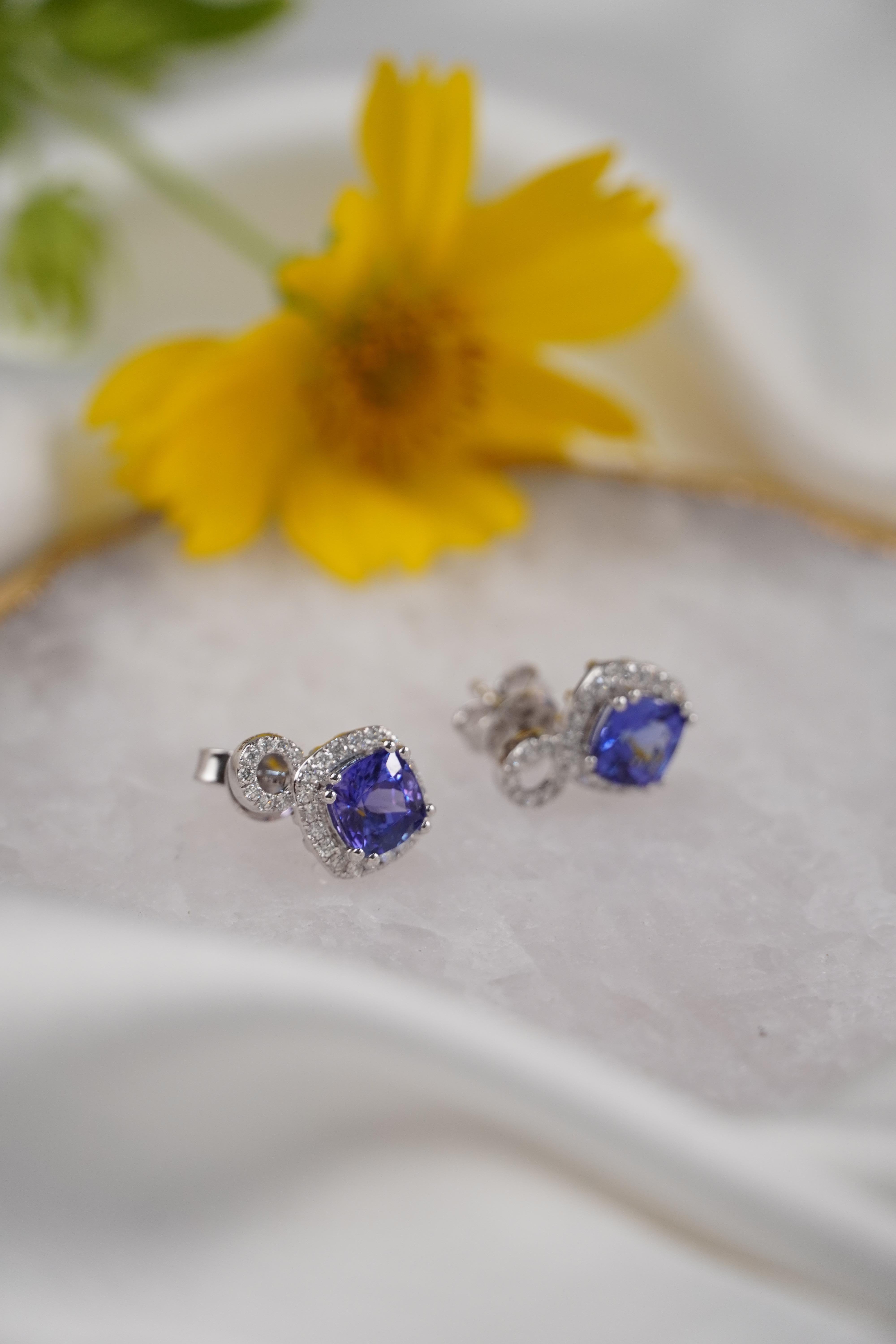 Cushion Shaped Tanzanite Stud Earrings with Diamonds in 18K White Gold For Sale 1