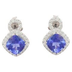 Cushion Shaped Tanzanite Stud Earrings with Diamonds in 18K White Gold
