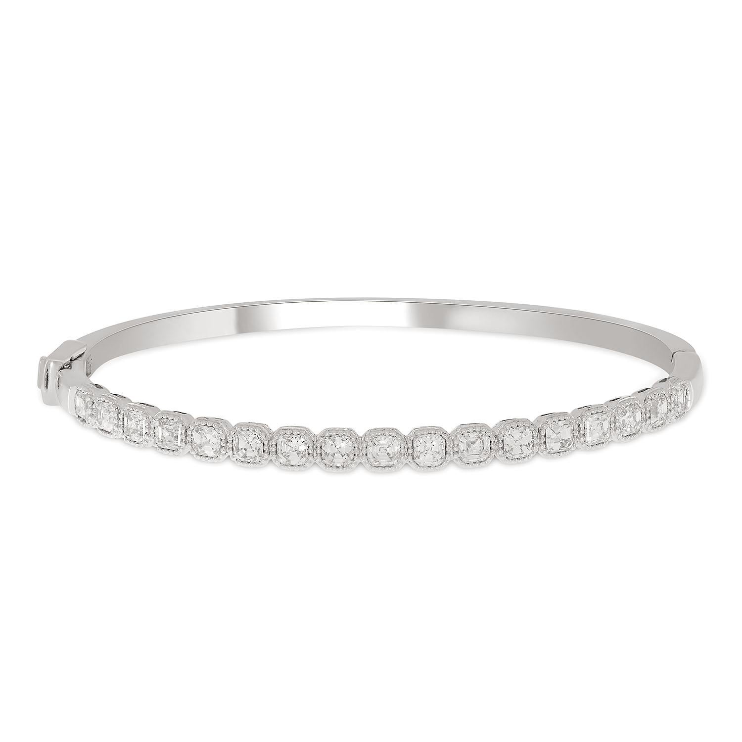 Mixed Cut Cushion Shaped Tennis Bangle made In 14k White Gold For Sale