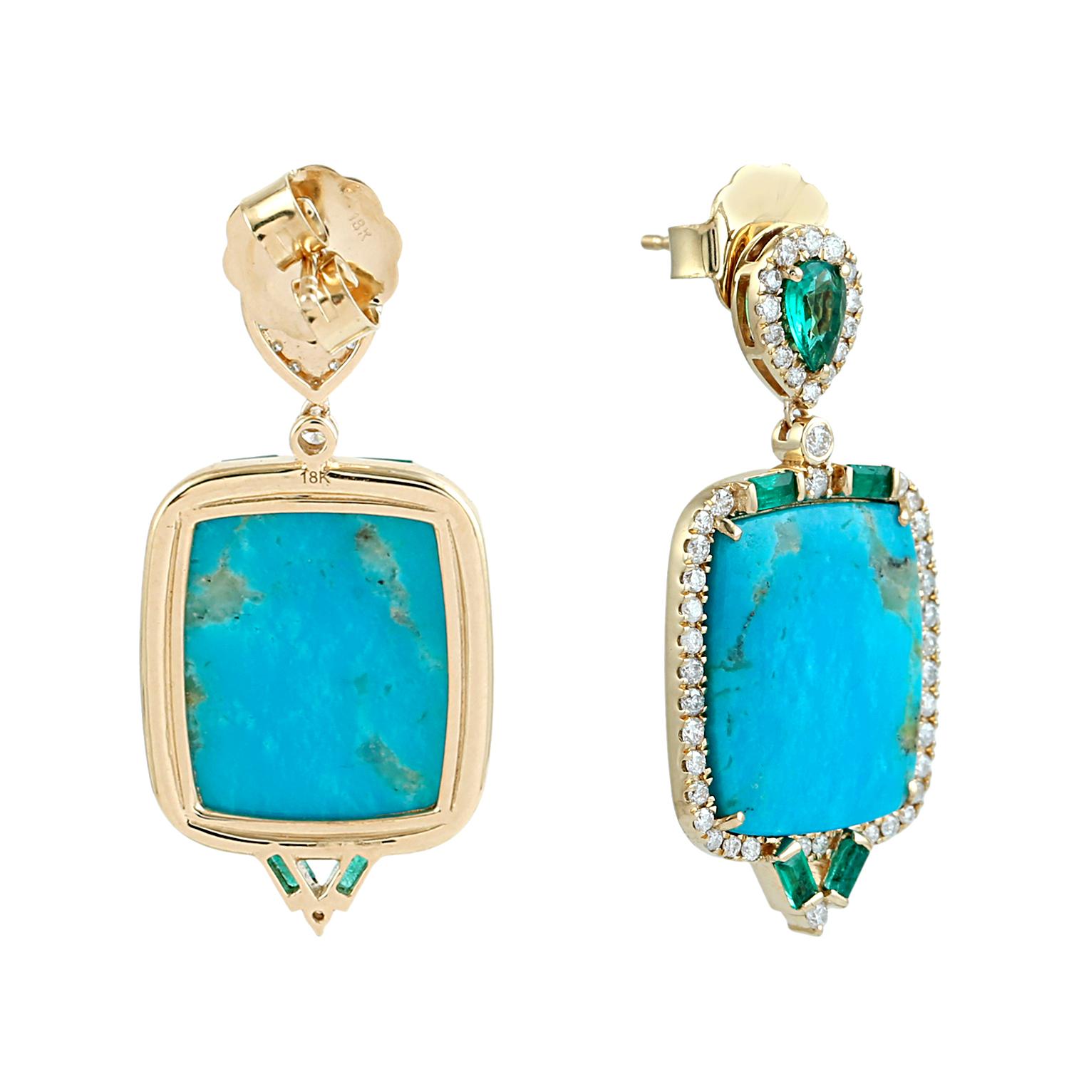 Mixed Cut Cushion Shaped Turquoise Dangle Earrings Accented With Emerald & Diamonds