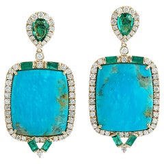 Cushion Shaped Turquoise Dangle Earrings Accented With Emerald & Diamonds