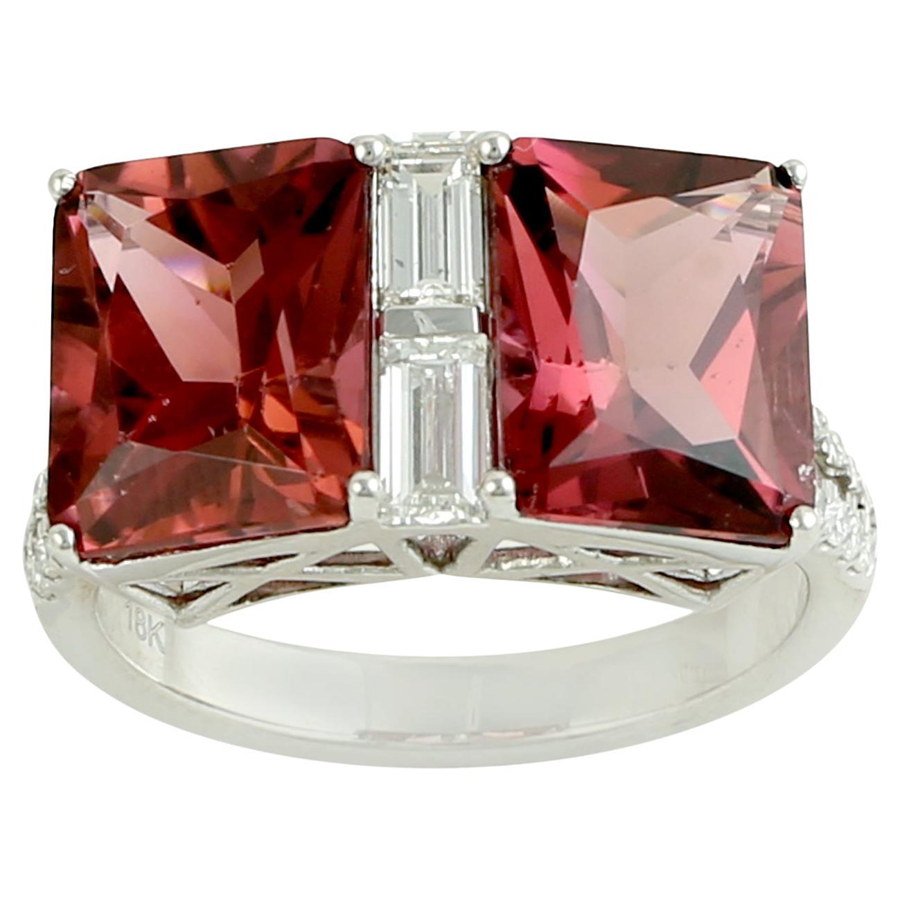 Cushion Shaped Vivid Pink Tourmaline Ring With Diamonds In 18k White Gold